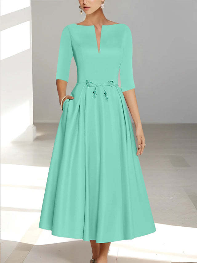 Ankle-Length Mother of the Bride A-Line Dress with Half Sleeves and Pockets