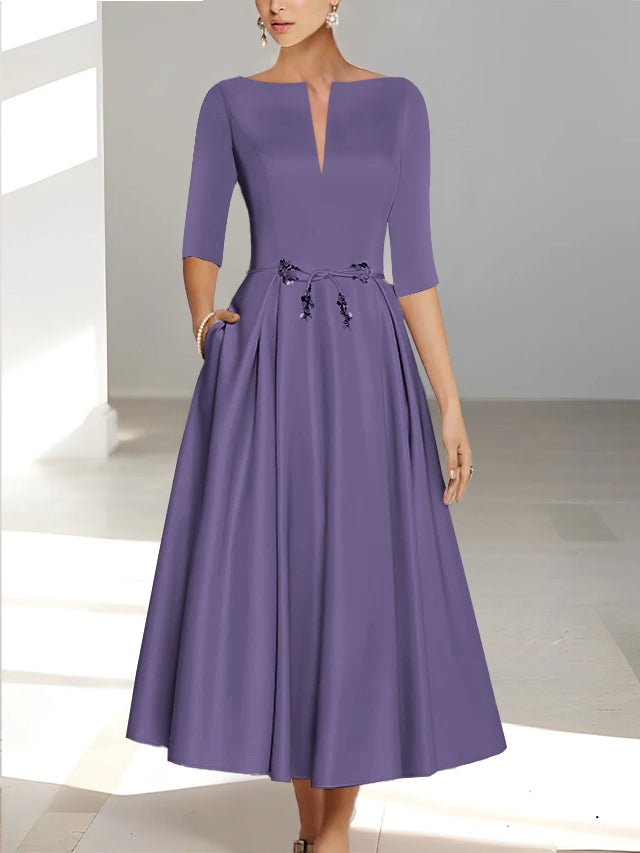 Ankle-Length Mother of the Bride A-Line Dress with Half Sleeves and Pockets