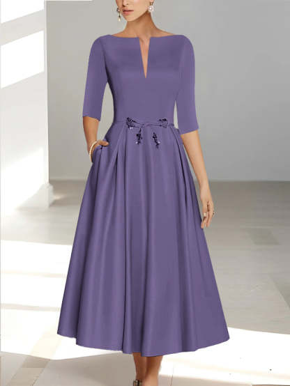 Ankle-Length Mother of the Bride A-Line Dress with Half Sleeves and Pockets