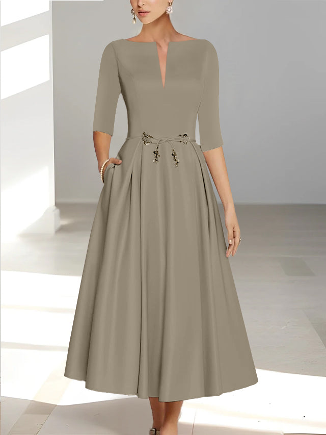 Ankle-Length Mother of the Bride A-Line Dress with Half Sleeves and Pockets
