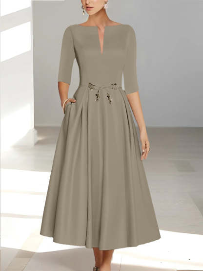 Ankle-Length Mother of the Bride A-Line Dress with Half Sleeves and Pockets