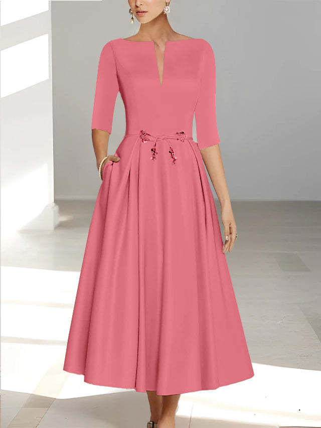 Ankle-Length Mother of the Bride A-Line Dress with Half Sleeves and Pockets