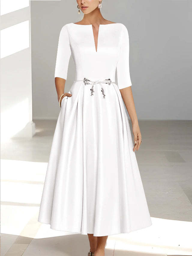 Ankle-Length Mother of the Bride A-Line Dress with Half Sleeves and Pockets