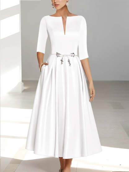 Ankle-Length Mother of the Bride A-Line Dress with Half Sleeves and Pockets