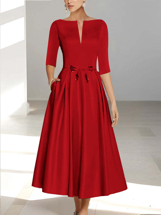 Ankle-Length Mother of the Bride A-Line Dress with Half Sleeves and Pockets