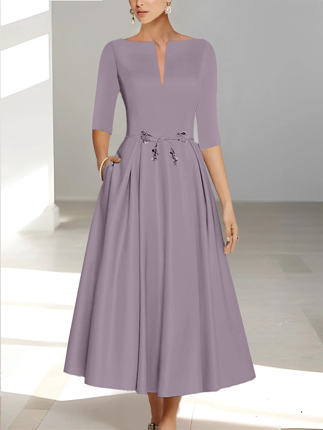 Ankle-Length Mother of the Bride A-Line Dress with Half Sleeves and Pockets