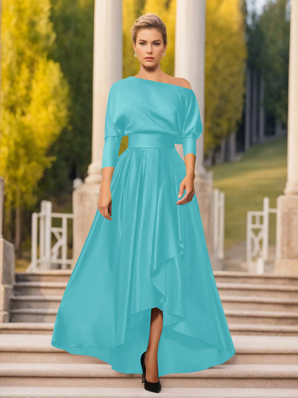 One-Shoulder A-Line Princess Dress with 3/4 Sleeves for Mothers of the Bride & Groom