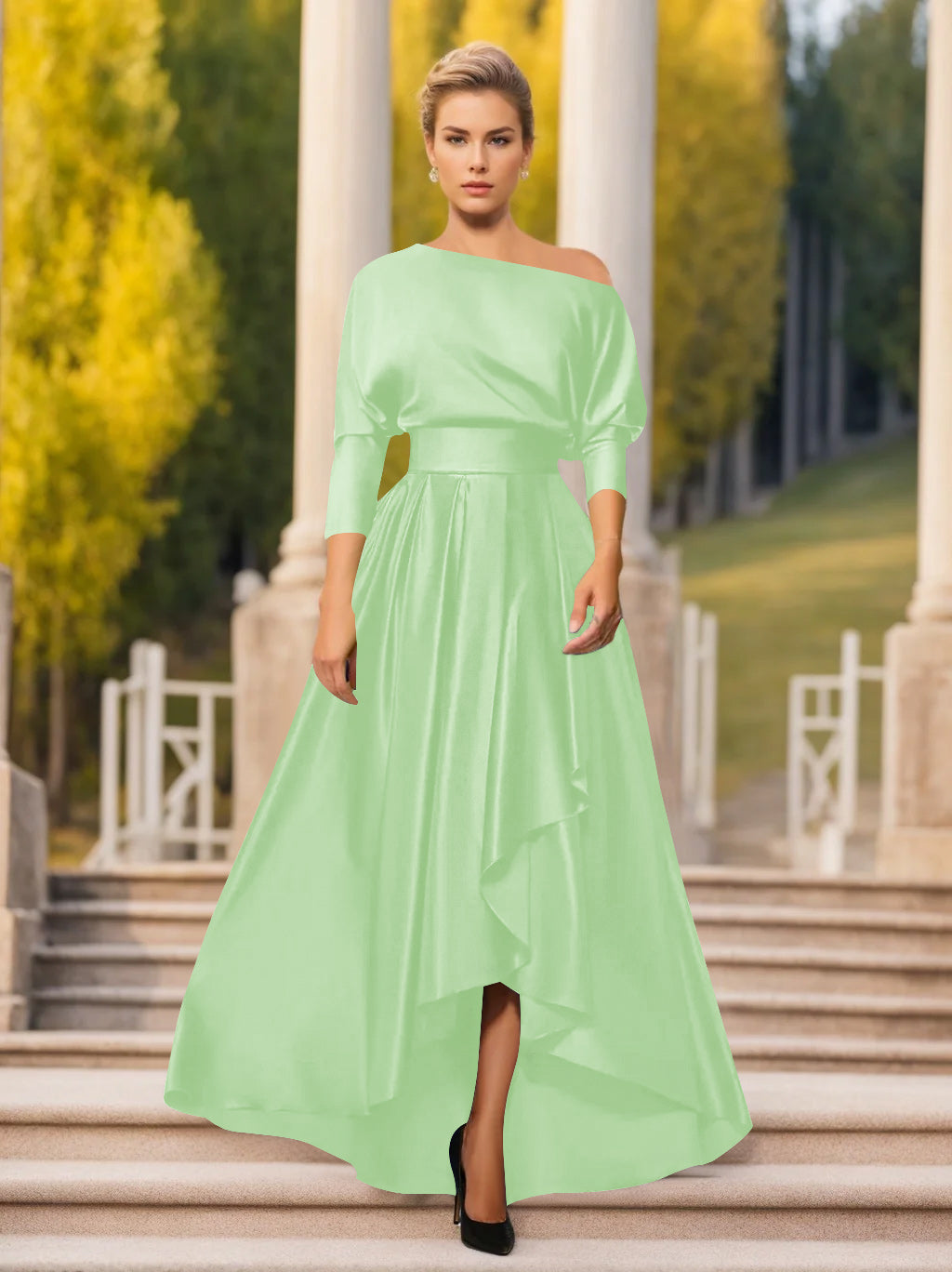 One-Shoulder A-Line Princess Dress with 3/4 Sleeves for Mothers of the Bride & Groom