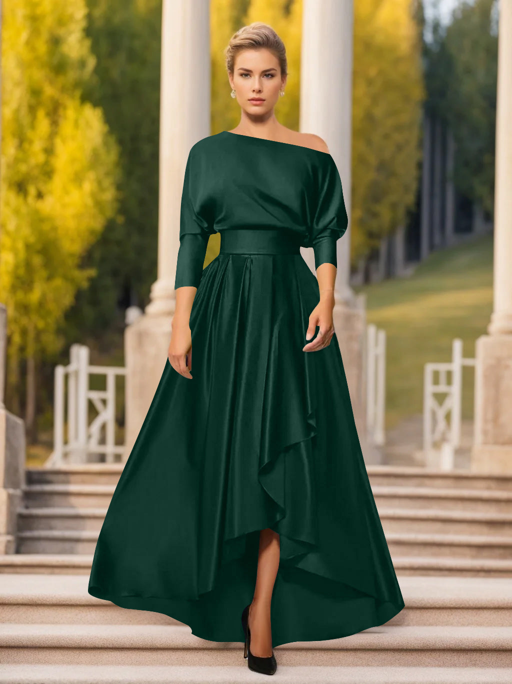 One-Shoulder A-Line Princess Dress with 3/4 Sleeves for Mothers of the Bride & Groom