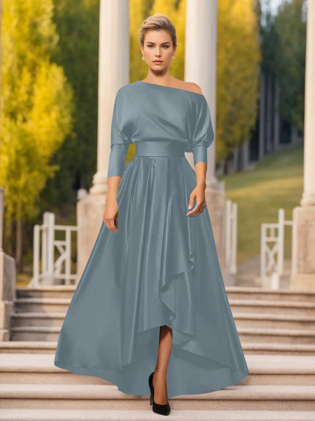 One-Shoulder A-Line Princess Dress with 3/4 Sleeves for Mothers of the Bride & Groom