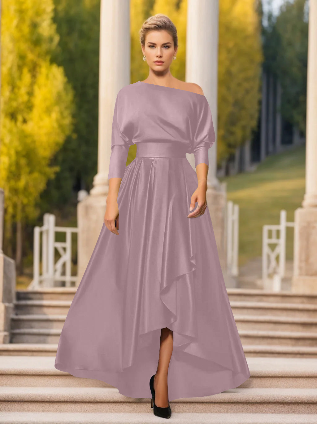 One-Shoulder A-Line Princess Dress with 3/4 Sleeves for Mothers of the Bride & Groom
