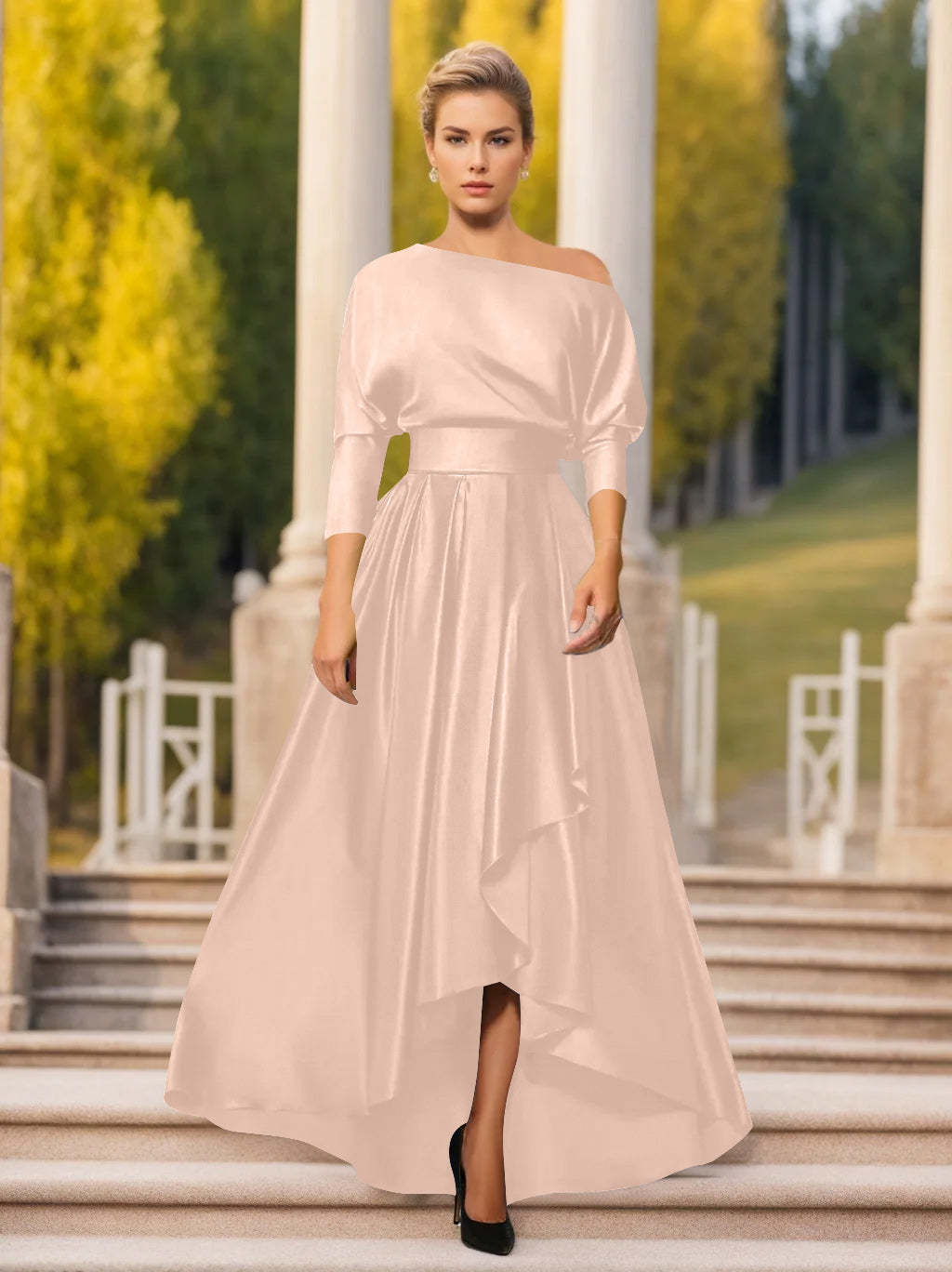 One-Shoulder A-Line Princess Dress with 3/4 Sleeves for Mothers of the Bride & Groom