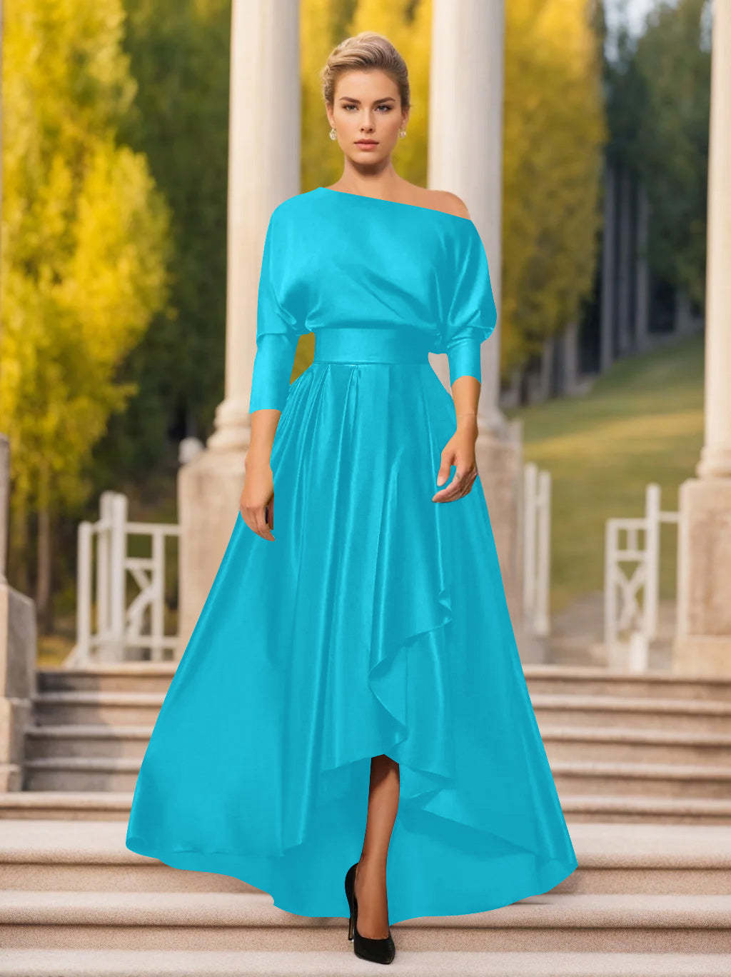 One-Shoulder A-Line Princess Dress with 3/4 Sleeves for Mothers of the Bride & Groom