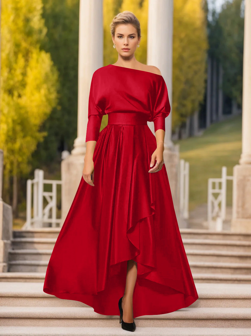 One-Shoulder A-Line Princess Dress with 3/4 Sleeves for Mothers of the Bride & Groom