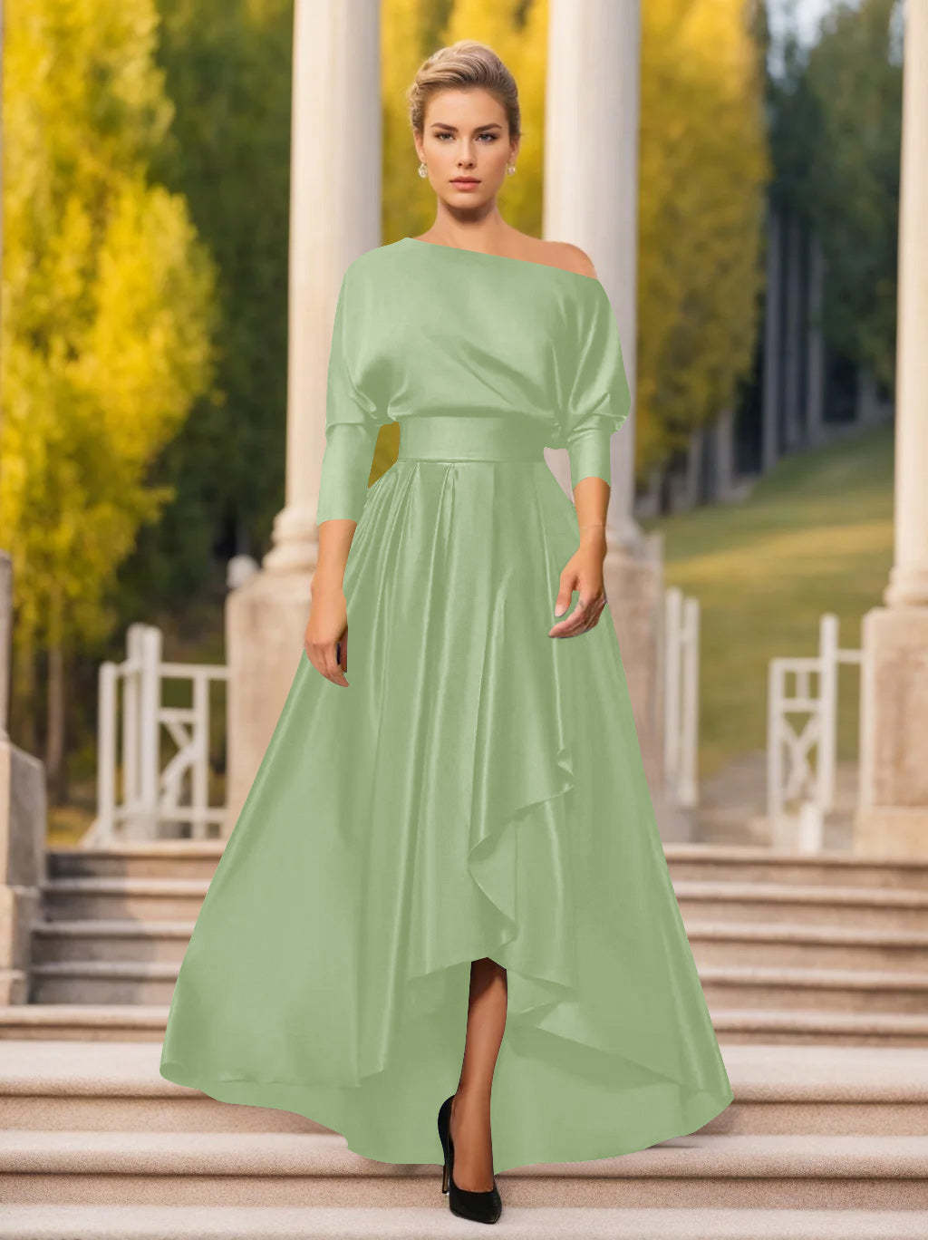 One-Shoulder A-Line Princess Dress with 3/4 Sleeves for Mothers of the Bride & Groom