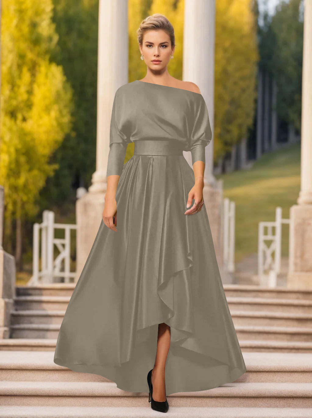 One-Shoulder A-Line Princess Dress with 3/4 Sleeves for Mothers of the Bride & Groom