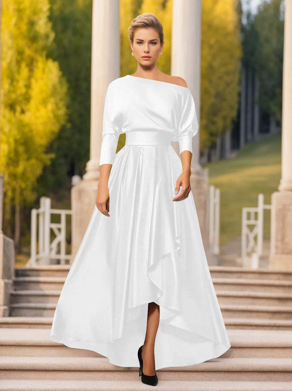 One-Shoulder A-Line Princess Dress with 3/4 Sleeves for Mothers of the Bride & Groom