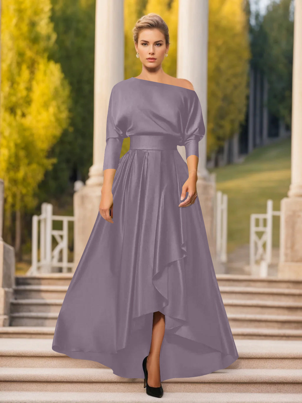 One-Shoulder A-Line Princess Dress with 3/4 Sleeves for Mothers of the Bride & Groom