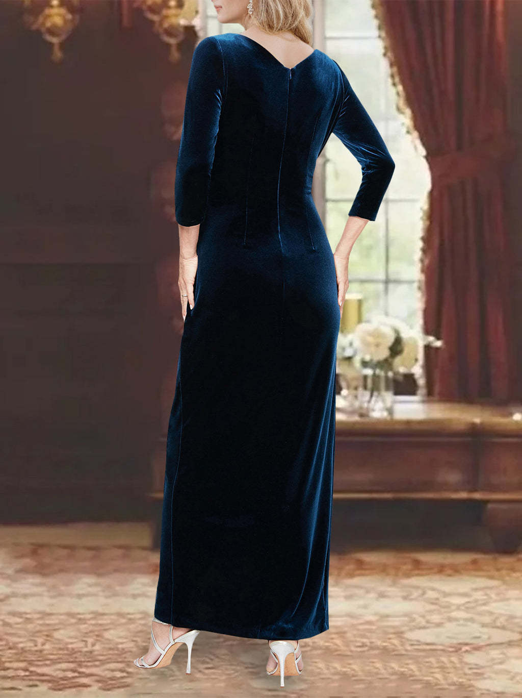 V-Neck Princess A-Line Asymmetrical Mother of the Bride Dress with 3/4 Sleeves and Ruffles