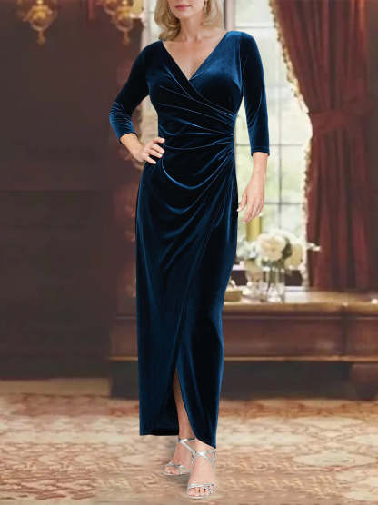 V-Neck Princess A-Line Asymmetrical Mother of the Bride Dress with 3/4 Sleeves and Ruffles