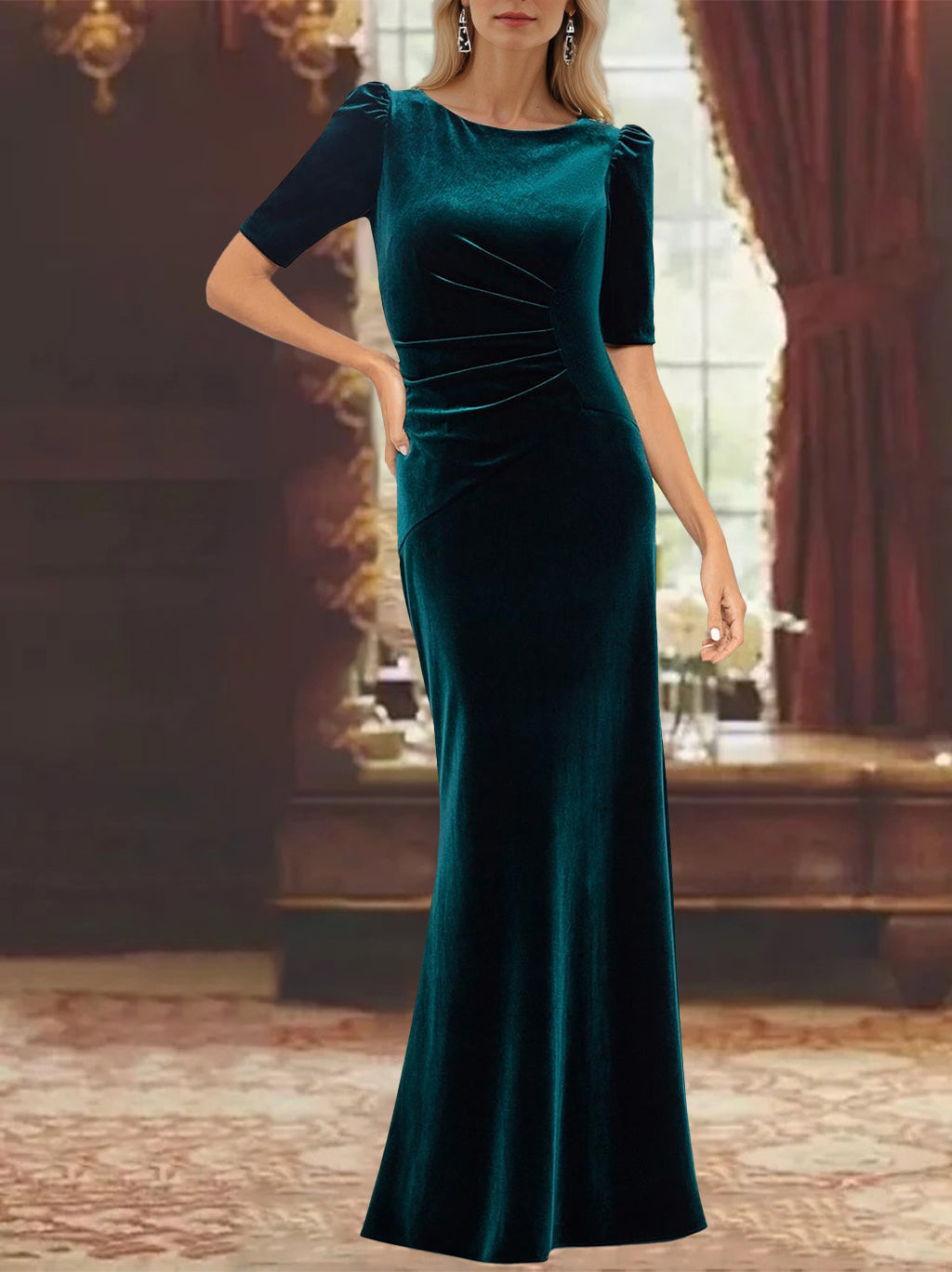 Ankle-Length A-Line Princess Scoop Neck Mother of the Bride Dress with Half Sleeves and Ruffles