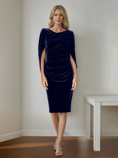 Velvet Mother of the Bride Dresses with Ruffles: A-Line Princess Scoop Half Sleeves Knee-Length
