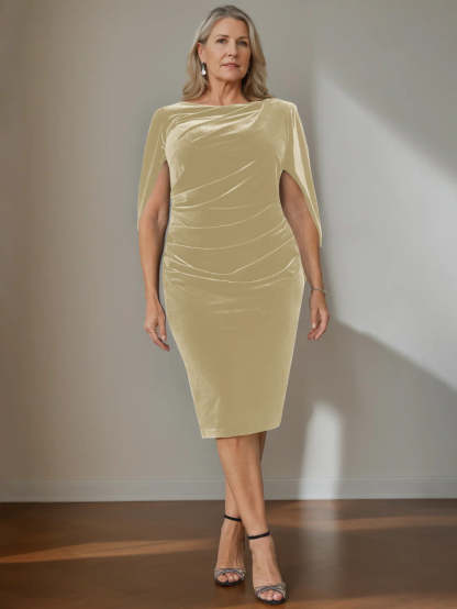 Plus Size Velvet Mother of the Bride A-Line Dress with Scoop Neck and Ruffled Knee-Length Hem