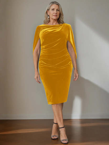 Plus Size Velvet Mother of the Bride A-Line Dress with Scoop Neck and Ruffled Knee-Length Hem