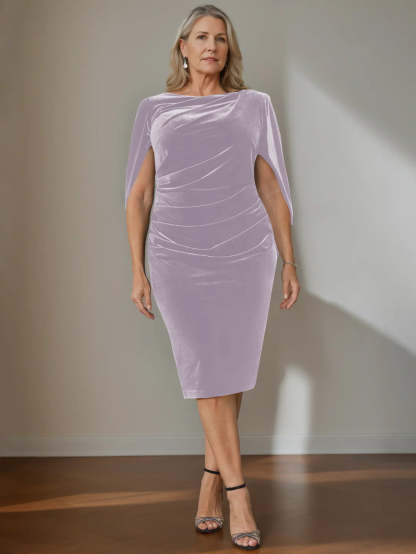 Plus Size Velvet Mother of the Bride A-Line Dress with Scoop Neck and Ruffled Knee-Length Hem