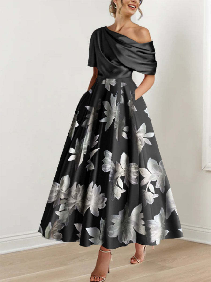 Printed Floral One-Shoulder A-Line Mother of the Bride Gown-BMbridal