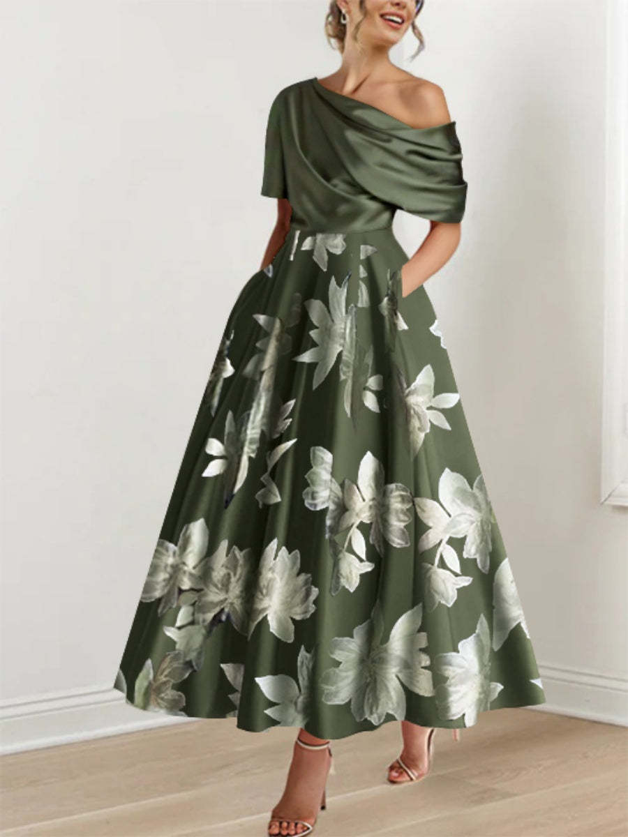 Printed Floral One-Shoulder A-Line Mother of the Bride Gown-BMbridal