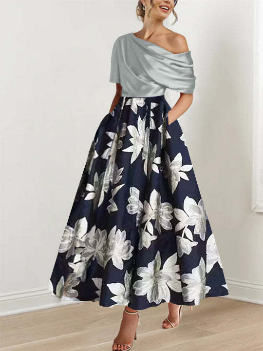 Printed Floral One-Shoulder A-Line Mother of the Bride Gown-BMbridal