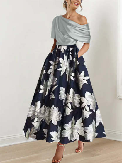 Printed Floral One-Shoulder A-Line Mother of the Bride Gown-BMbridal