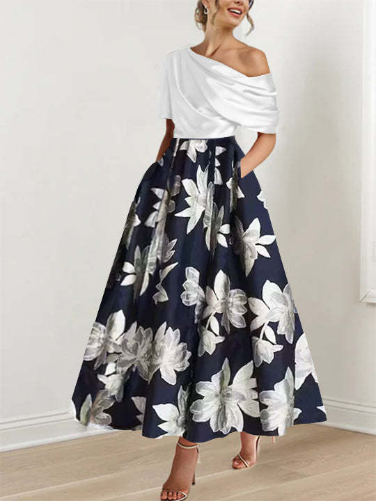 Printed Floral One-Shoulder A-Line Mother of the Bride Gown-BMbridal