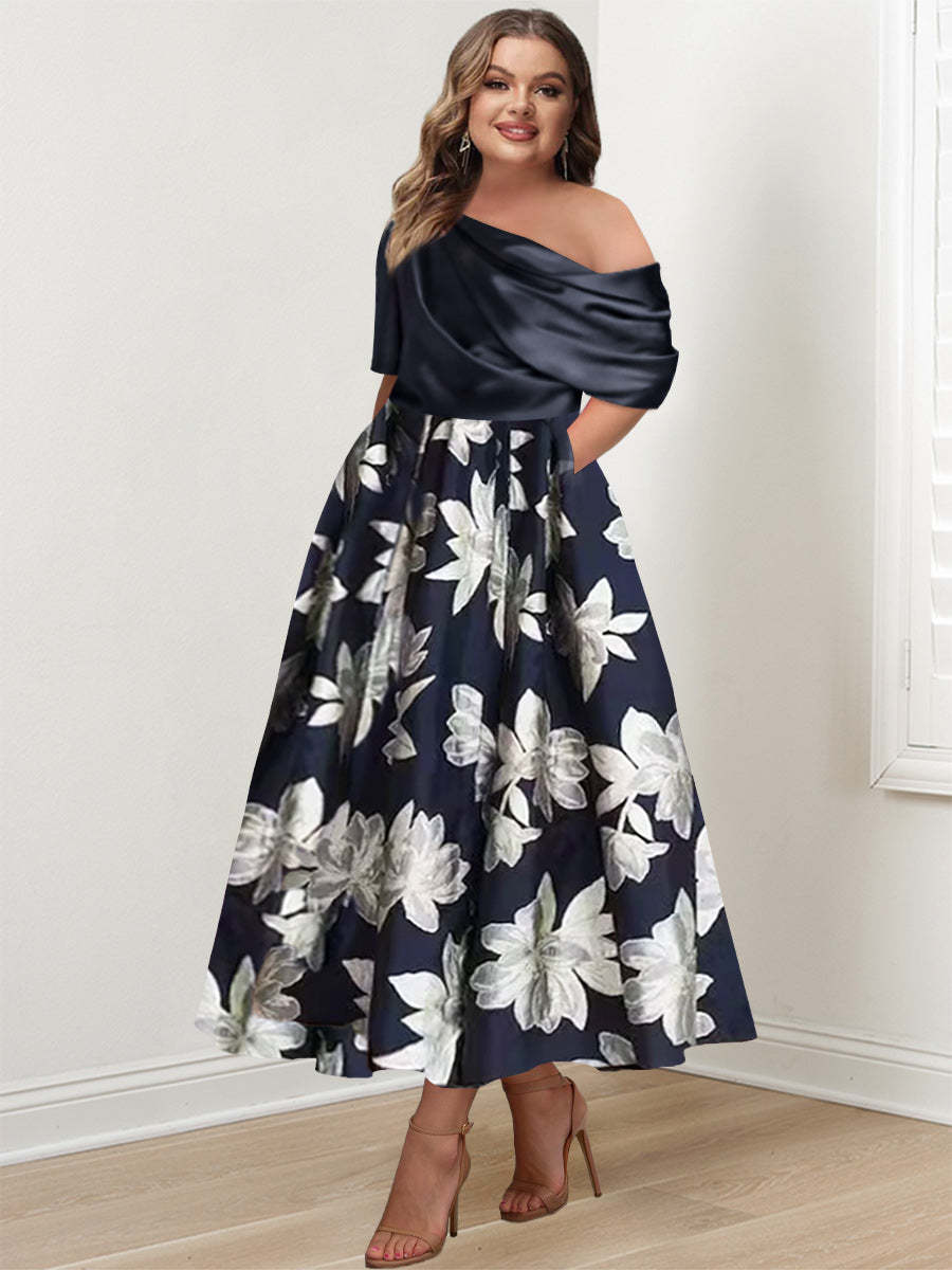 Printed Floral One-Shoulder A-Line Mother of the Bride Gown-BMbridal
