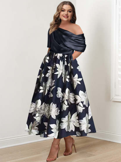 Printed Floral One-Shoulder A-Line Mother of the Bride Gown-BMbridal