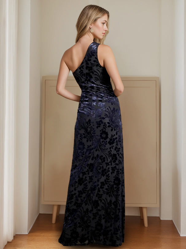 One-Shoulder Sleeveless Velvet A-Line Mother of the Bride Gown with Side Split