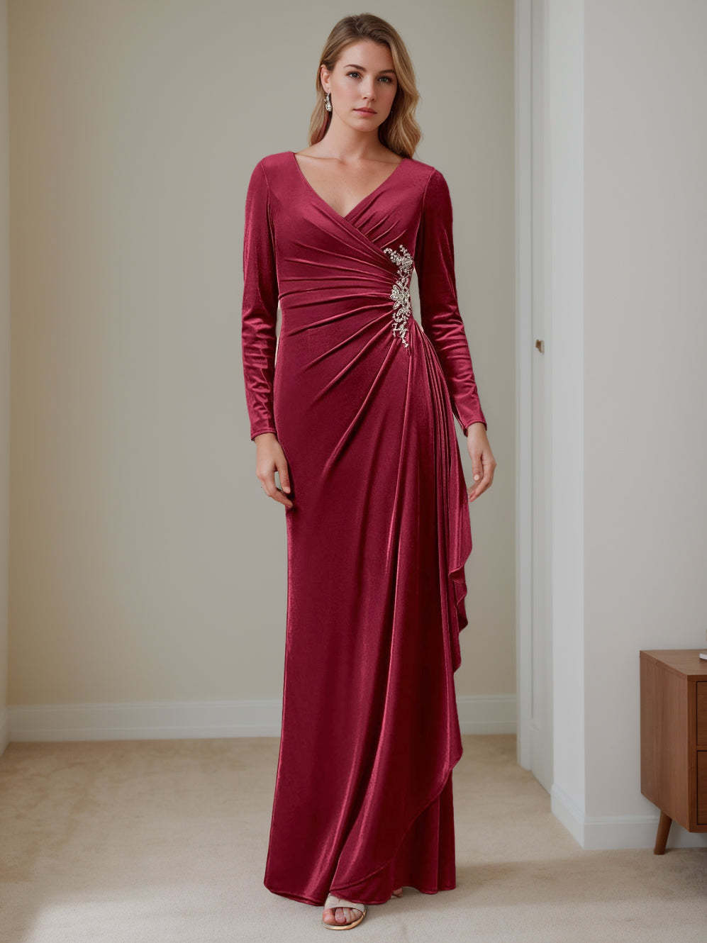 V-Neck A-Line Princess Floor-Length Velvet Mother of the Bride Dress with Ruffled Long Sleeves