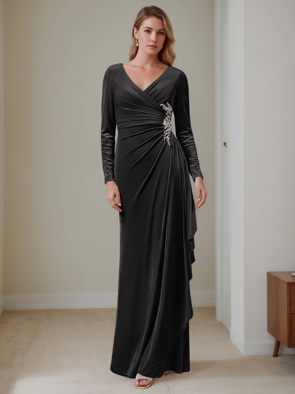 V-Neck A-Line Princess Floor-Length Velvet Mother of the Bride Dress with Ruffled Long Sleeves