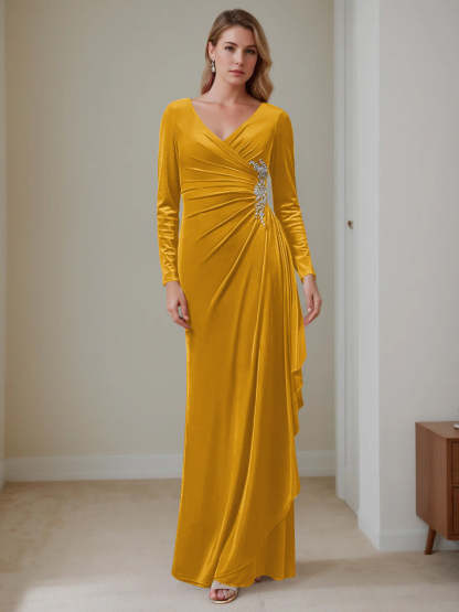 V-Neck A-Line Princess Floor-Length Velvet Mother of the Bride Dress with Ruffled Long Sleeves