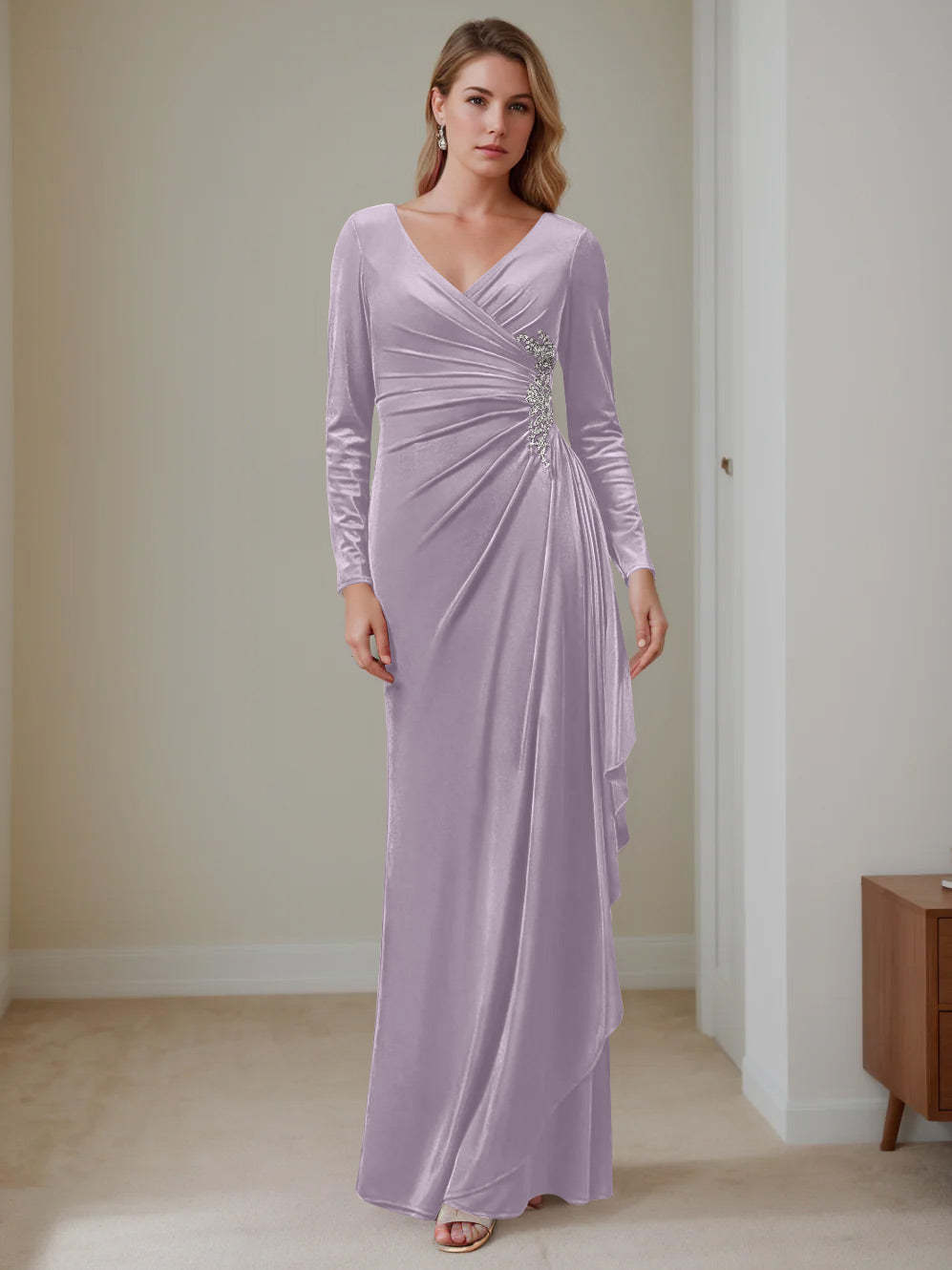 V-Neck A-Line Princess Floor-Length Velvet Mother of the Bride Dress with Ruffled Long Sleeves