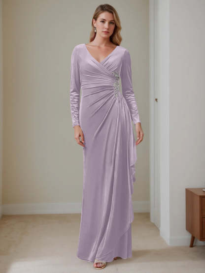 V-Neck A-Line Princess Floor-Length Velvet Mother of the Bride Dress with Ruffled Long Sleeves