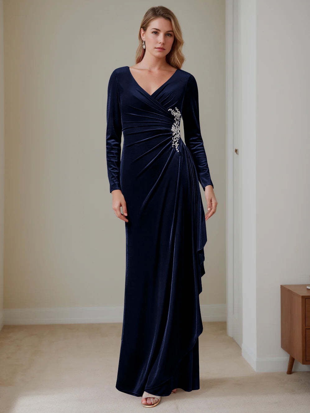 V-Neck A-Line Princess Floor-Length Velvet Mother of the Bride Dress with Ruffled Long Sleeves