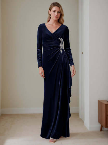 V-Neck A-Line Princess Floor-Length Velvet Mother of the Bride Dress with Ruffled Long Sleeves