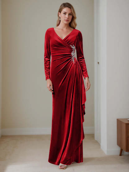 V-Neck A-Line Princess Floor-Length Velvet Mother of the Bride Dress with Ruffled Long Sleeves