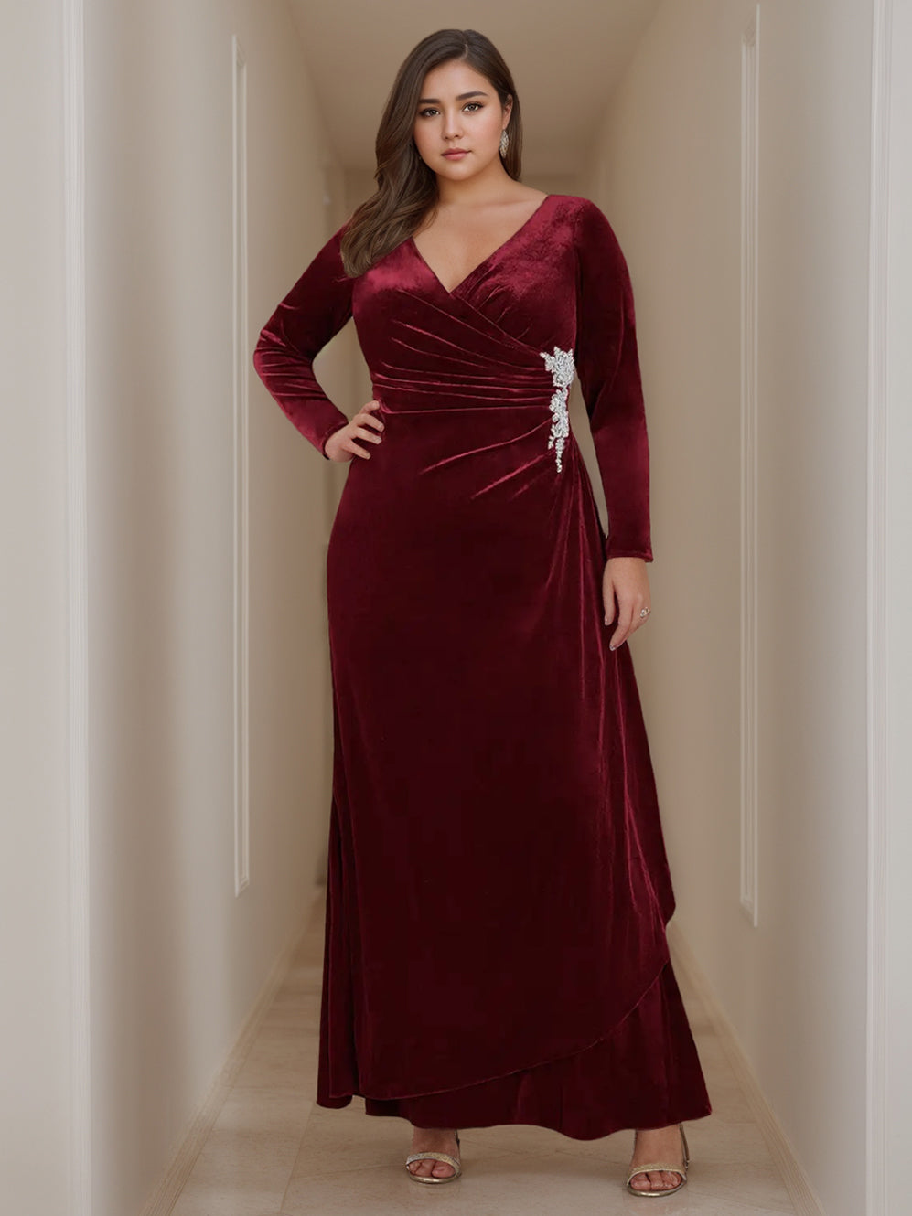 V-Neck A-Line Princess Floor-Length Velvet Plus Size Mother of the Bride Dress with Long Sleeves and Ruffles-BMbridal.UK