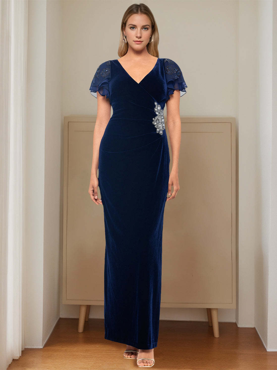 V-Neck Short Sleeve Floor-Length Velvet Sheath Dress with Ruffles and Appliques for the Mother of the Bride-BMbridal.UK