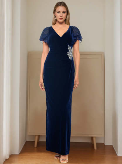 V-Neck Short Sleeve Floor-Length Velvet Sheath Dress with Ruffles and Appliques for the Mother of the Bride-BMbridal.UK