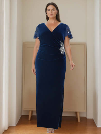 V-Neck Short Sleeve Velvet Floor-Length Plus Size Mother of the Bride Dress with Ruffles and Appliques-BMbridal.UK