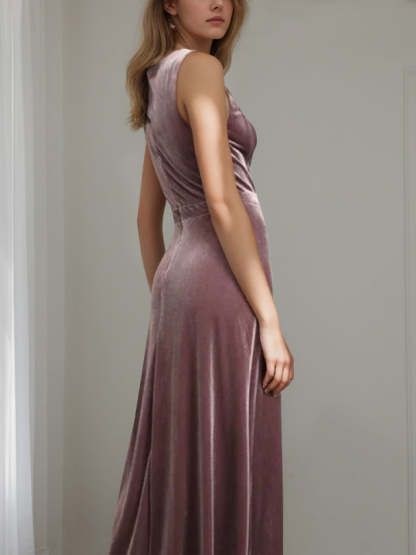 V-Neck Sleeveless Velvet Mother of the Bride A-Line Floor-Length Dress